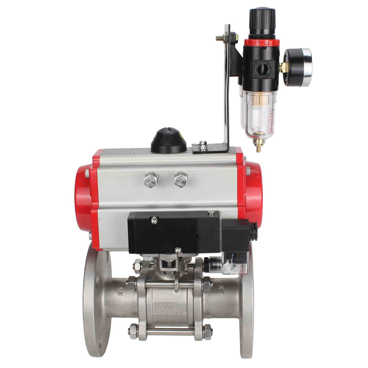 Robinet à boisseau sphérique en acier inoxydable Elephant ksfpt-316-180-da-4m310-110/220v-afc2000, matériau du corps - acier inoxydable AISI 316, matériau de la bille - acier inoxydable AISI 316, joint - PTFE, actionné par actionneur pneumatique