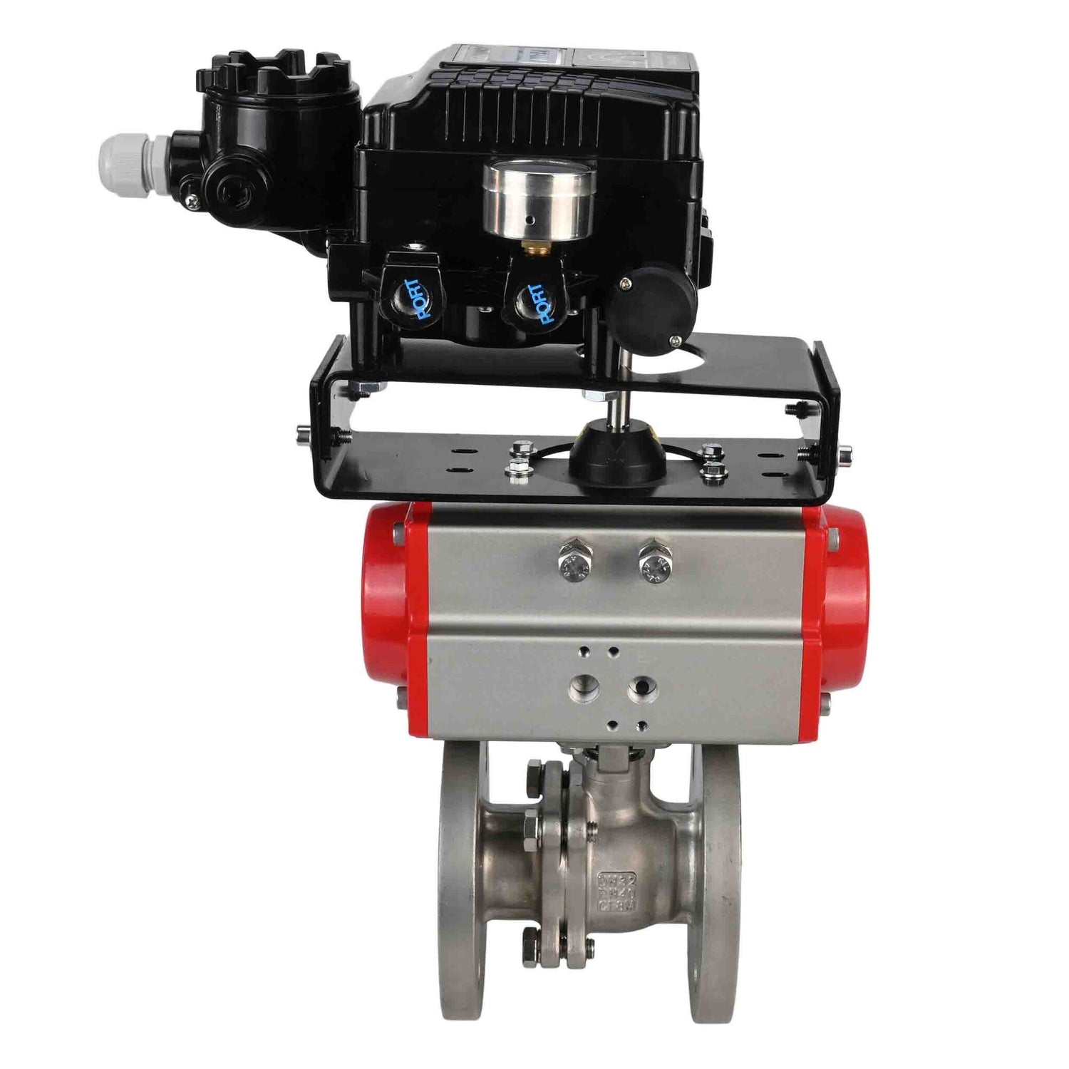 Robinet à boisseau sphérique en acier inoxydable Elephant kchfp-elephant-sa-yt1000rsn, matériau du corps - acier inoxydable AISI 316, matériau de la bille - acier inoxydable AISI 316, joint - PTFE, actionné par actionneur pneumatique