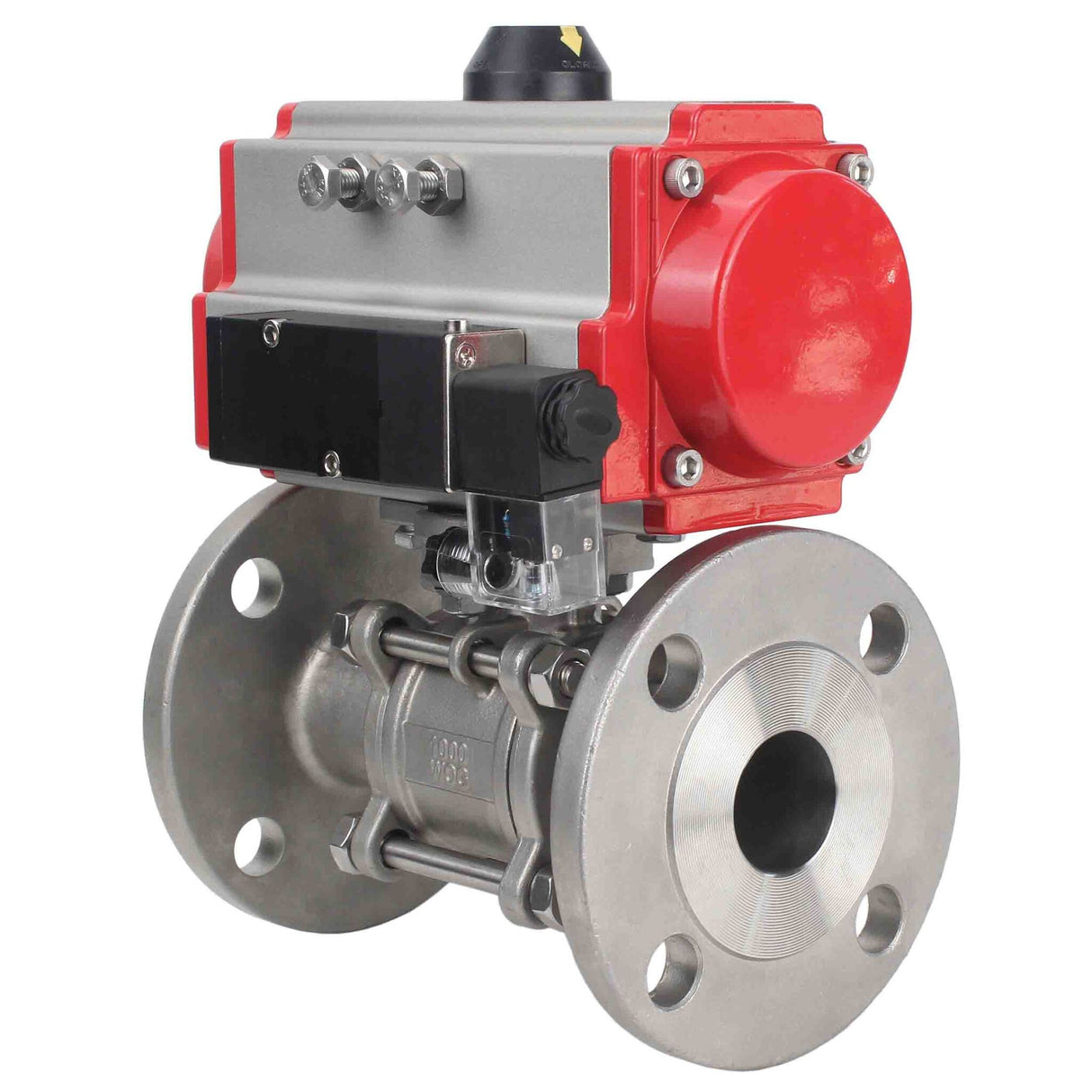 Robinet à boisseau sphérique en acier inoxydable Elephant ksfpt-304-180-sa-4m310-24v, matériau du corps - acier inoxydable AISI 304, matériau de la bille - acier inoxydable AISI 304, joint - PTFE, actionné par actionneur pneumatique