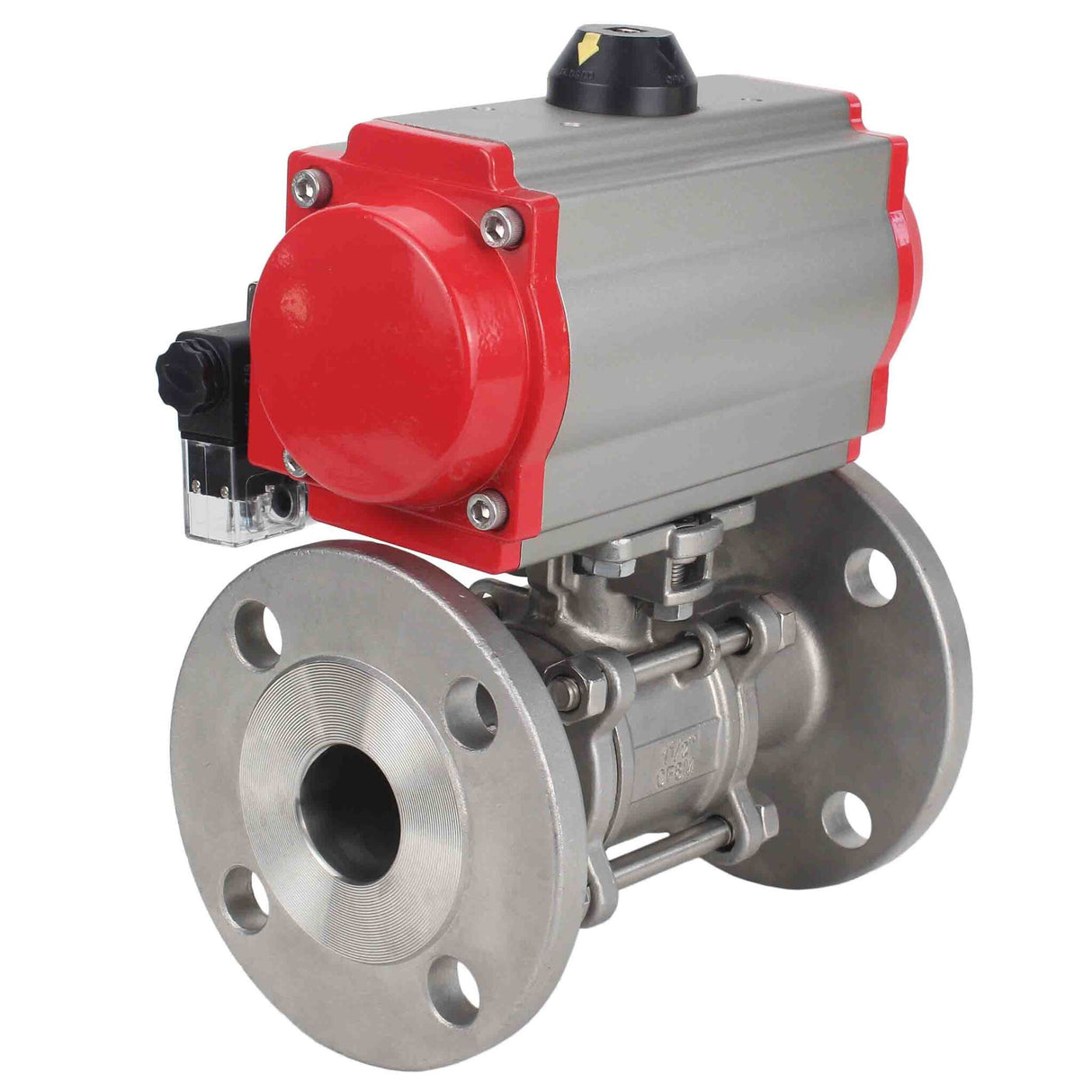 Robinet à boisseau sphérique en acier inoxydable Elephant ksfpt-304-180-sa-4m310-24v, matériau du corps - acier inoxydable AISI 304, matériau de la bille - acier inoxydable AISI 304, joint - PTFE, actionné par actionneur pneumatique