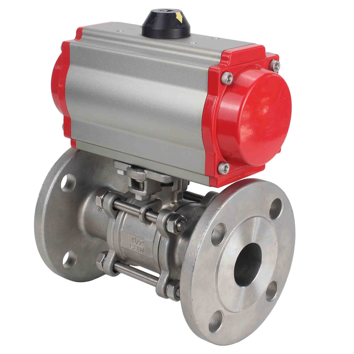 Robinet à boisseau sphérique en acier inoxydable Elephant ksfpt-304-180-sa-4m310-24v, matériau du corps - acier inoxydable AISI 304, matériau de la bille - acier inoxydable AISI 304, joint - PTFE, actionné par actionneur pneumatique