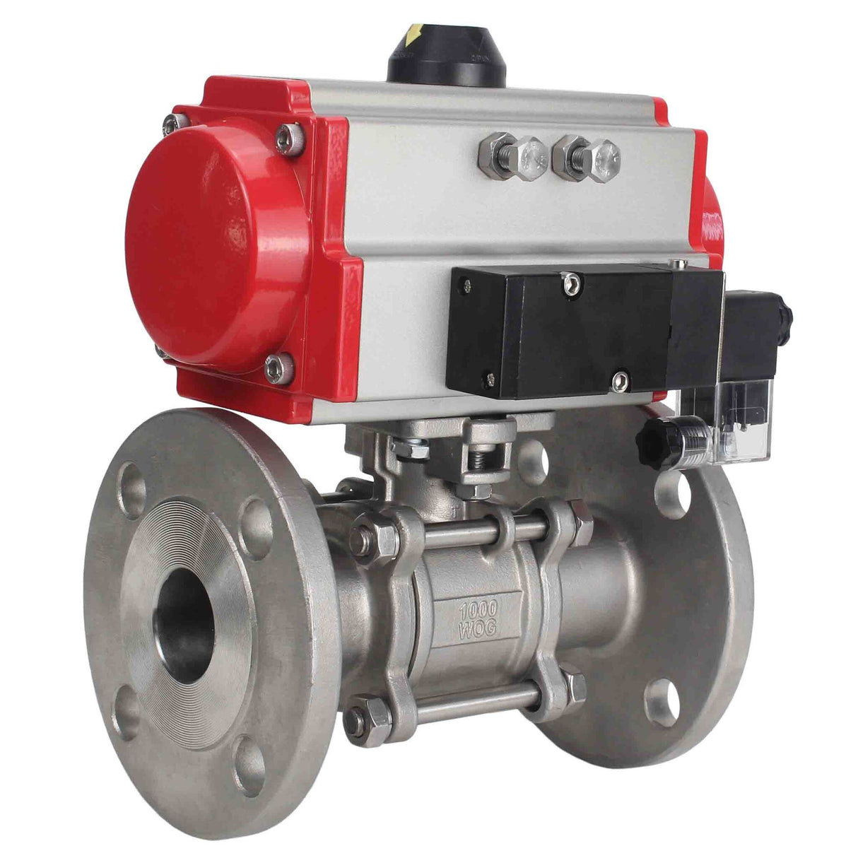 Robinet à boisseau sphérique en acier inoxydable Elephant ksfpt-304-180-sa-4m310-24v, matériau du corps - acier inoxydable AISI 304, matériau de la bille - acier inoxydable AISI 304, joint - PTFE, actionné par actionneur pneumatique