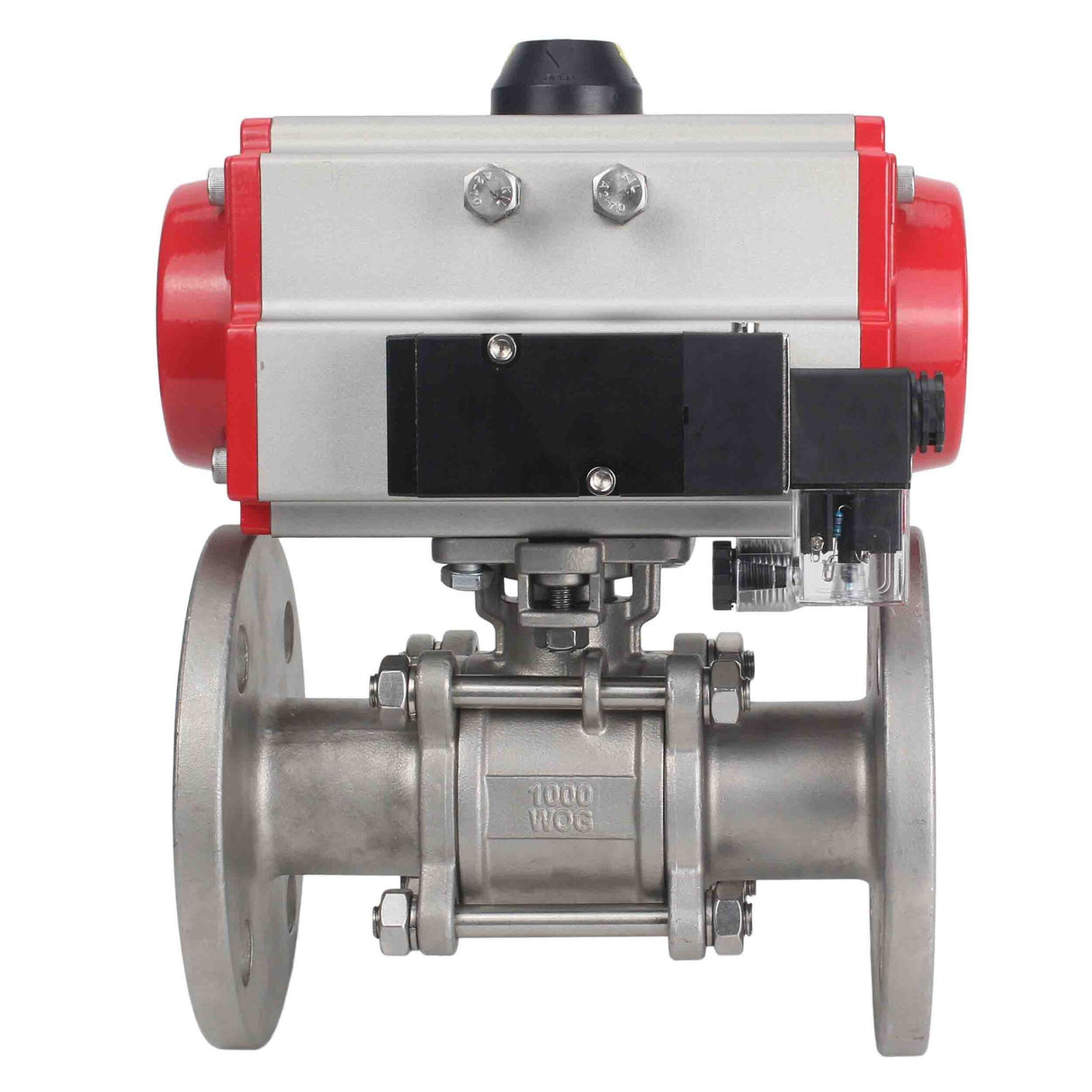 Robinet à boisseau sphérique en acier inoxydable Elephant ksfpt-304-180-sa-4m310-24v, matériau du corps - acier inoxydable AISI 304, matériau de la bille - acier inoxydable AISI 304, joint - PTFE, actionné par actionneur pneumatique