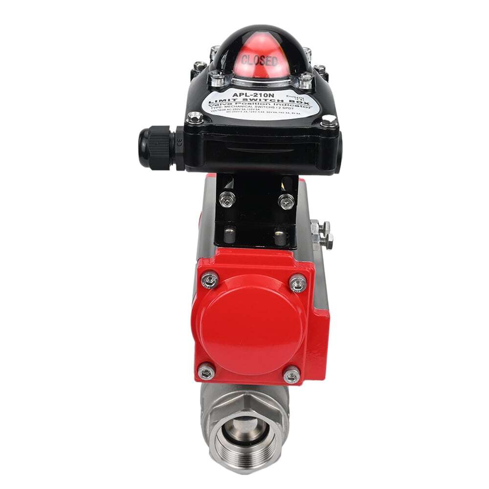 Robinet à boisseau sphérique en acier inoxydable Elephant BVMP.316.230-ISO 914 PSI, fileté, passage intégral, matériau du corps - acier inoxydable AISI 316, avec actionneur pneumatique à double effet Elephant DA, bloc de fin de course APL-410N EX