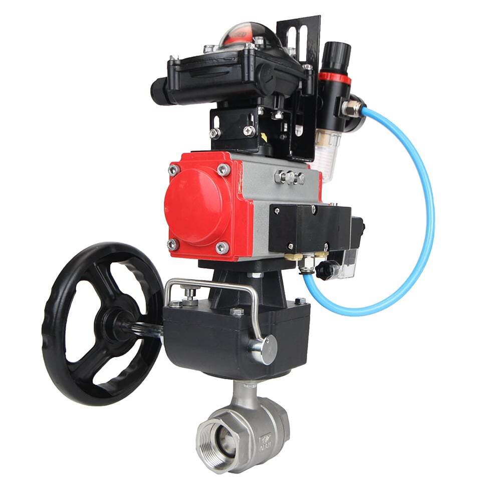 Stainless steel ball valve Elephant BVMP,316,230-ISO 63 bar, threaded, full port, body material - stainless steel AISI 316, with double-acting pneumatic actuator Elephant DA, pneumatic distributor 4M310-08 24V, limit switch block APL-410N EX, manual