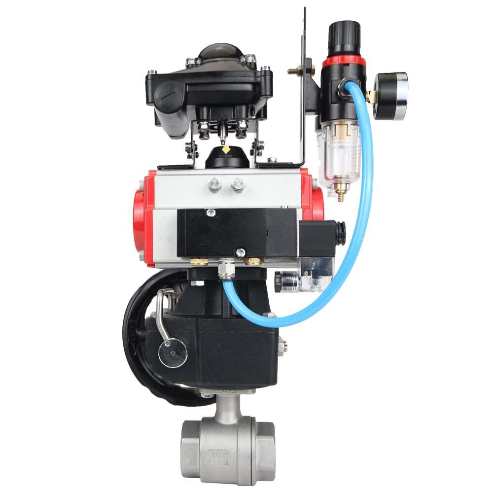 Stainless steel ball valve Elephant BVMP,316,230-ISO 63 bar, threaded, full port, body material - stainless steel AISI 316, with double-acting pneumatic actuator Elephant DA, pneumatic distributor 4M310-08 24V, limit switch block APL-410N EX, manual