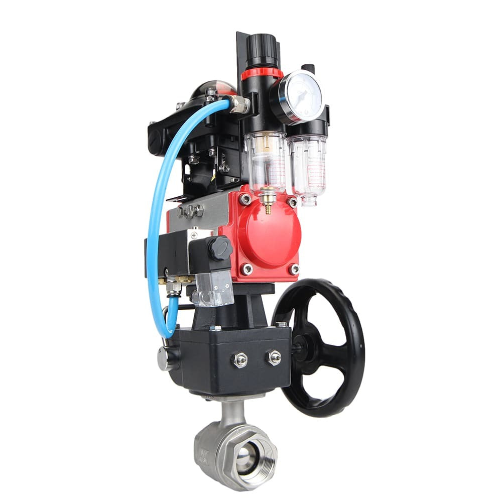 Stainless steel ball valve Elephant BVMP,316,230-ISO 63 bar, threaded, full port, body material - stainless steel AISI 316, with double-acting pneumatic actuator Elephant DA, pneumatic distributor 4M310-08 220V, limit switch block APL-410N EX, manual