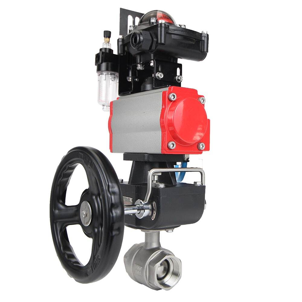 Stainless steel ball valve Elephant BVMP,316,230-ISO 63 bar, threaded, full port, body material - stainless steel AISI 316, with double-acting pneumatic actuator Elephant DA, pneumatic distributor 4M310-08 24V, limit switch block APL-410N EX, manual