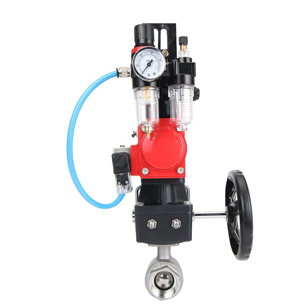 Stainless steel ball valve Elephant BVMP,316,230-ISO 63 bar, threaded, full port, body material - stainless steel AISI 316, with double-acting pneumatic actuator Elephant DA, pneumatic distributor 4M310-08 24V, limit switch block APL-410N EX, manual