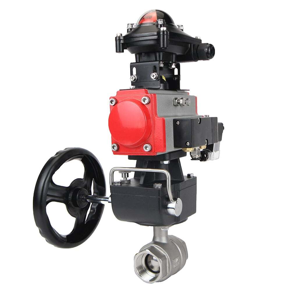 Robinet à boisseau sphérique en acier inoxydable Elephant kshmp316-elephant-da-4m310-24v-apl-210n-hdm, matériau du corps - acier inoxydable AISI 316, matériau de la bille - acier inoxydable AISI 316, joint - PTFE, actionné par actionneur pneumatique