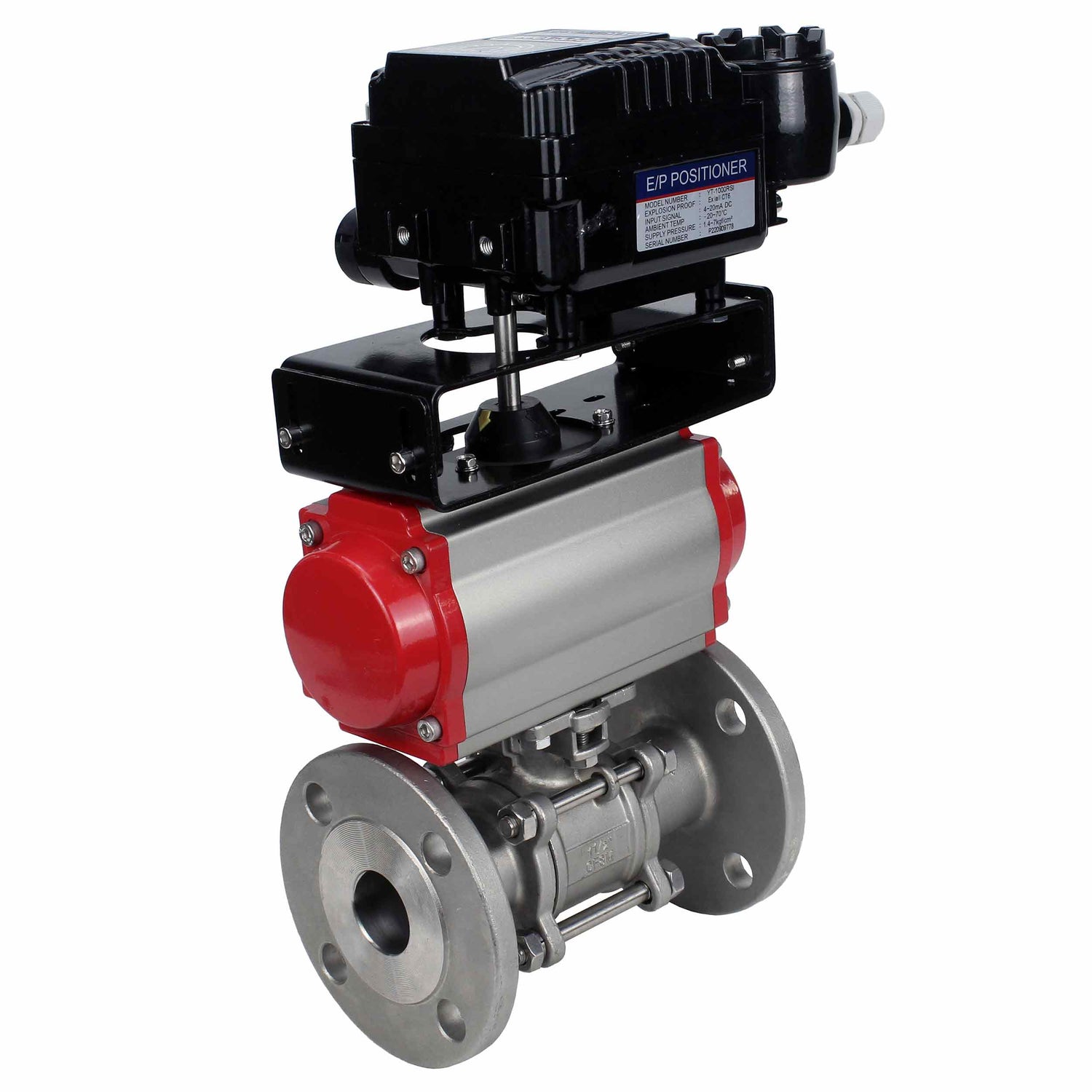 Robinet à boisseau sphérique en acier inoxydable Elephant ksfpt-316-180-sa-yt1000rsi, matériau du corps - acier inoxydable AISI 316, matériau de la bille - acier inoxydable AISI 316, joint - PTFE, actionné par actionneur pneumatique