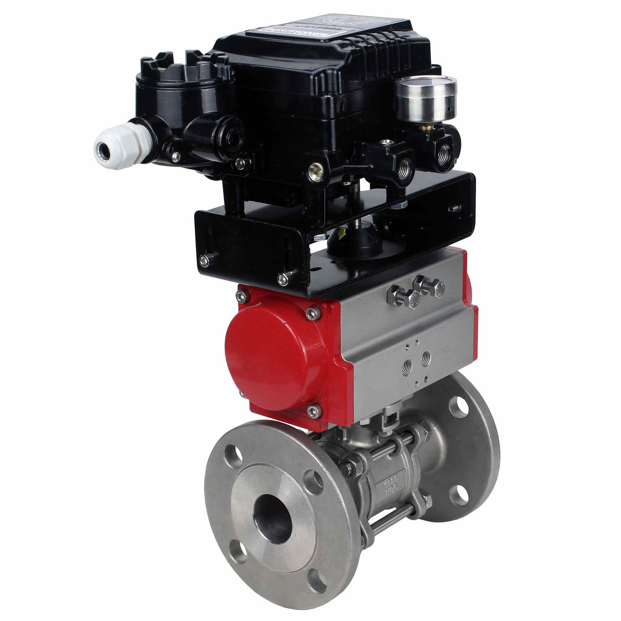 Robinet à boisseau sphérique en acier inoxydable Elephant ksfpt-304-180-sa-yt1000rsn, matériau du corps - acier inoxydable AISI 304, matériau de la bille - acier inoxydable AISI 304, joint - PTFE, actionné par actionneur pneumatique