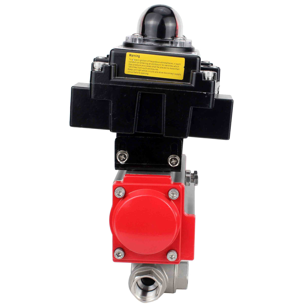 Robinet à boisseau sphérique en acier inoxydable Elephant RP.SS316.200.MM.ISO 914 PSI fileté, port standard, trois voies, type L, matériau du corps - acier inoxydable AISI 316, actionneur pneumatique DA, bloc de fin de course APL-410N EX