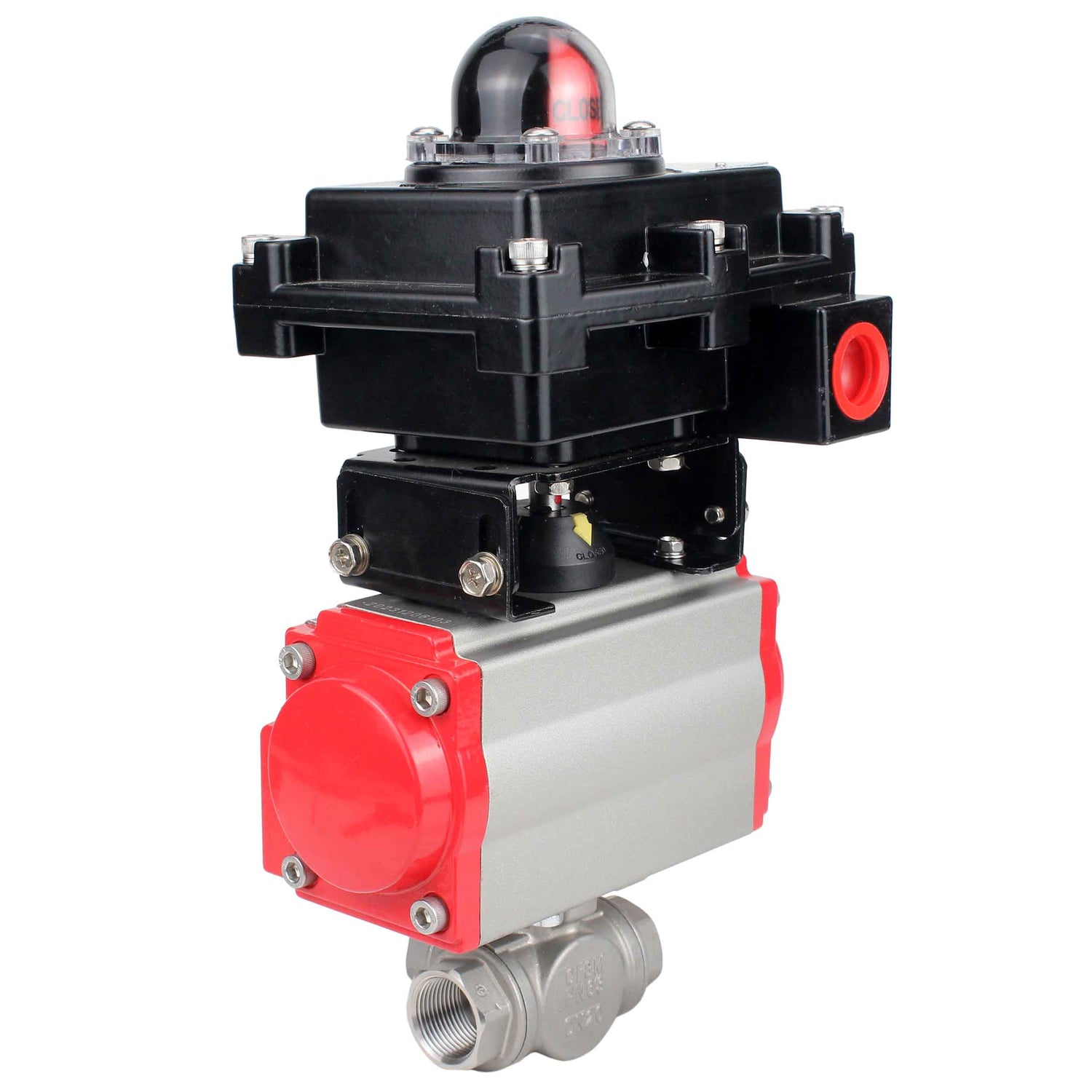 Robinet à boisseau sphérique en acier inoxydable Elephant RP.SS316.200.MM.ISO 914 PSI fileté, port standard, trois voies, type L, matériau du corps - acier inoxydable AISI 316, actionneur pneumatique DA, bloc de fin de course APL-410N EX