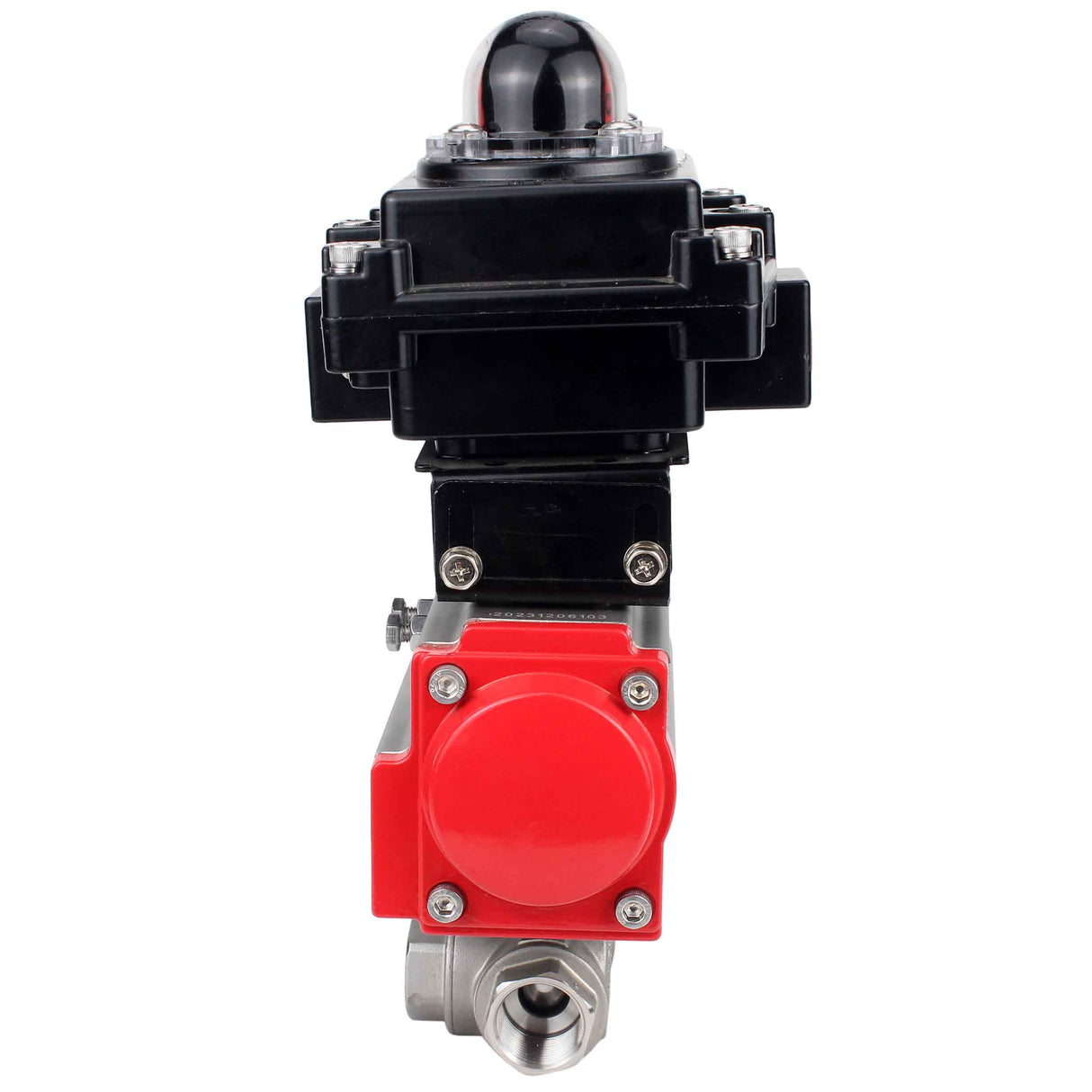 Robinet à boisseau sphérique en acier inoxydable Elephant RP.SS316.200.MM.ISO 914 PSI fileté, port standard, trois voies, type L, matériau du corps - acier inoxydable AISI 316, actionneur pneumatique DA, bloc de fin de course APL-410N EX