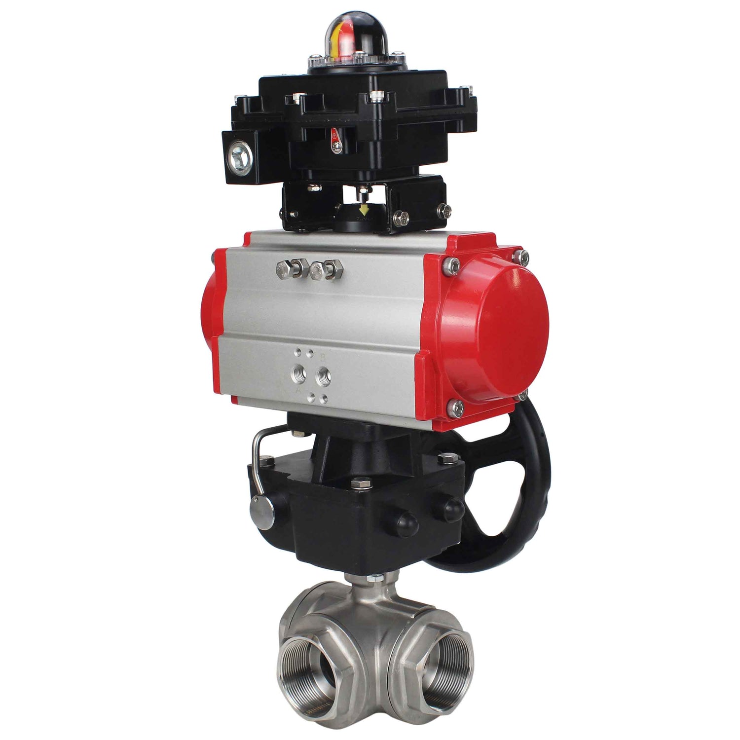Stainless steel ball valve Elephant RP.SS316.200.MM.ISO 63 bar threaded, standard port, three way, L-type, body material - stainless steel AISI 316, pneumatic actuator DA, limit switch block APL-410N EX, manual override HDM