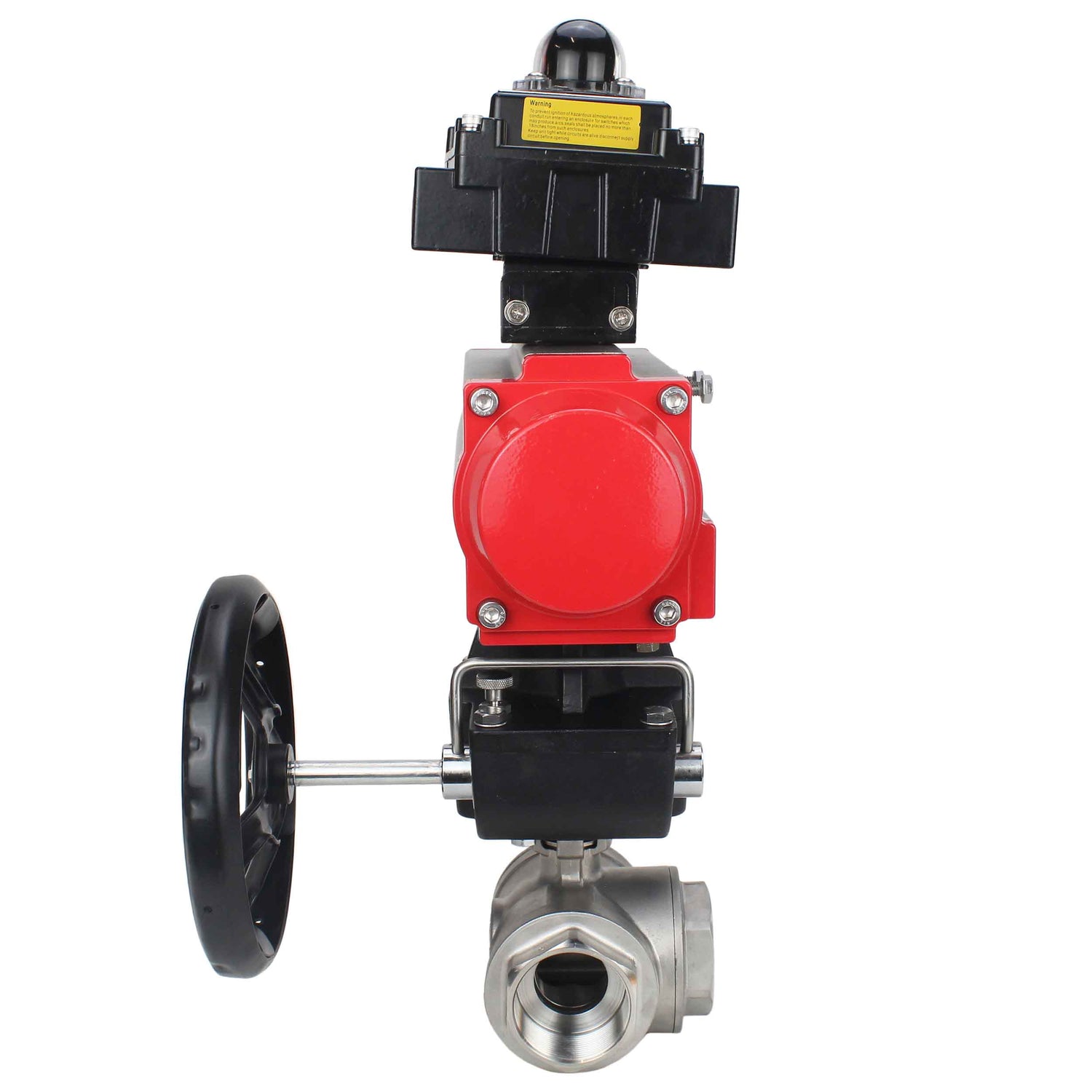 Stainless steel ball valve Elephant RP.SS316.200.MM.ISO 63 bar threaded, standard port, three way, L-type, body material - stainless steel AISI 316, pneumatic actuator DA, limit switch block APL-410N EX, manual override HDM