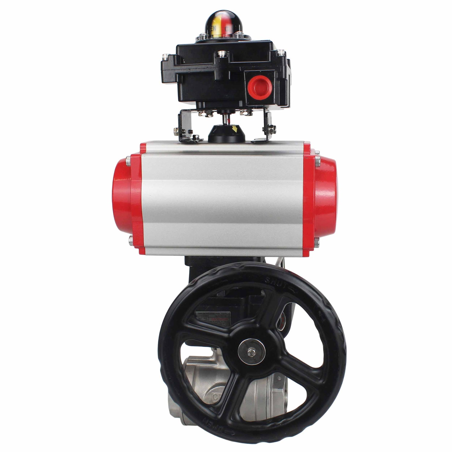 Stainless steel ball valve Elephant RP.SS316.200.MM.ISO 63 bar threaded, standard port, three way, L-type, body material - stainless steel AISI 316, pneumatic actuator DA, limit switch block APL-410N EX, manual override HDM