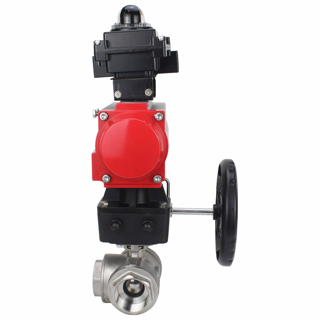 Stainless steel ball valve Elephant RP.SS316.200.MM.ISO 63 bar threaded, standard port, three way, L-type, body material - stainless steel AISI 316, pneumatic actuator DA, limit switch block APL-410N EX, manual override HDM