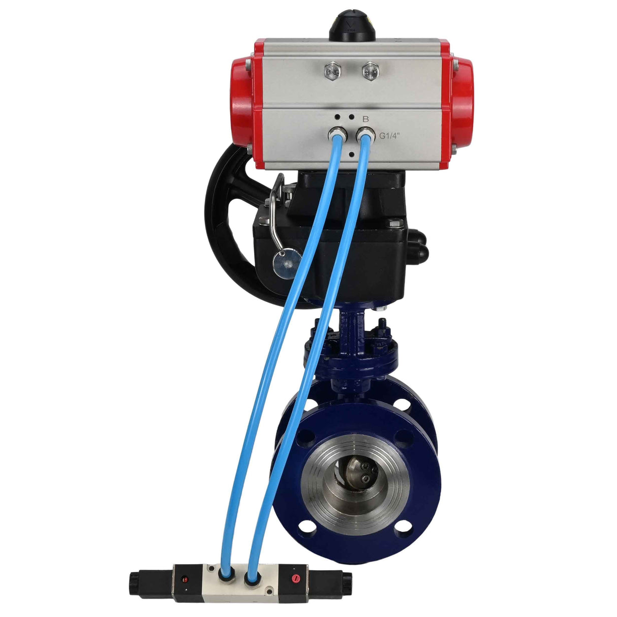 Vanne papillon d'eau Elephant WBV3EX-3431M-1W-F-ISO, matériau du corps - Acier au carbone, matériau du disque - Acier inoxydable AISI 304, joint - Métal, actionneur pneumatique PA-DA double action, volant 4V320-08 220V MON,