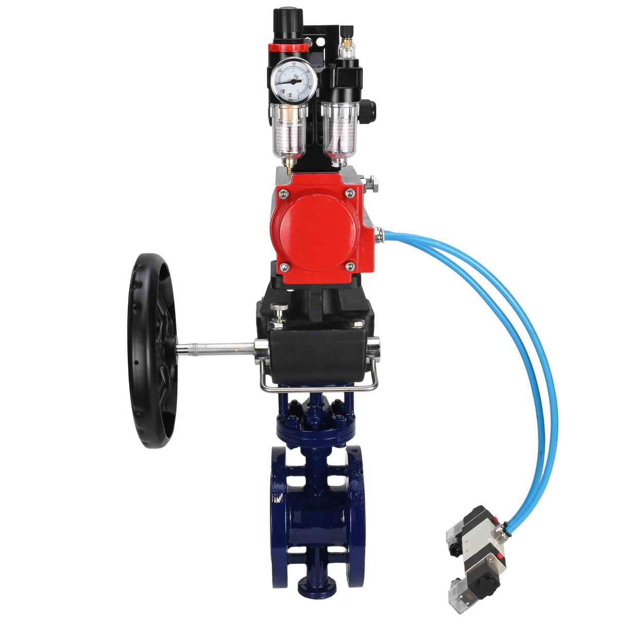 Vanne papillon d'eau Elephant WBV3EX-3431M-1W-F-ISO, matériau du corps - Acier au carbone, matériau du disque - Acier inoxydable AISI 304, joint - Métal, actionneur pneumatique PA-DA double action, 4V320-08 220V, BKV APL-210N, volant MON, BPV AFC2000