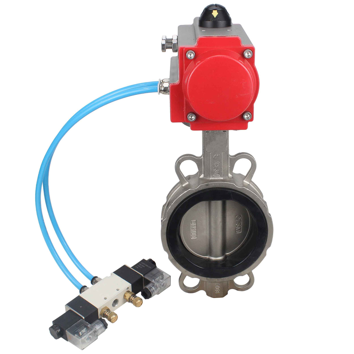 Vanne papillon d'eau Elephant WBV3131E-2W-Fb-H, matériau du corps - Acier inoxydable AISI 304, matériau du disque - Acier inoxydable AISI 304, joint - EPDM, actionneur pneumatique PA-SA avec ressorts de rappel, 4V320-10 220V