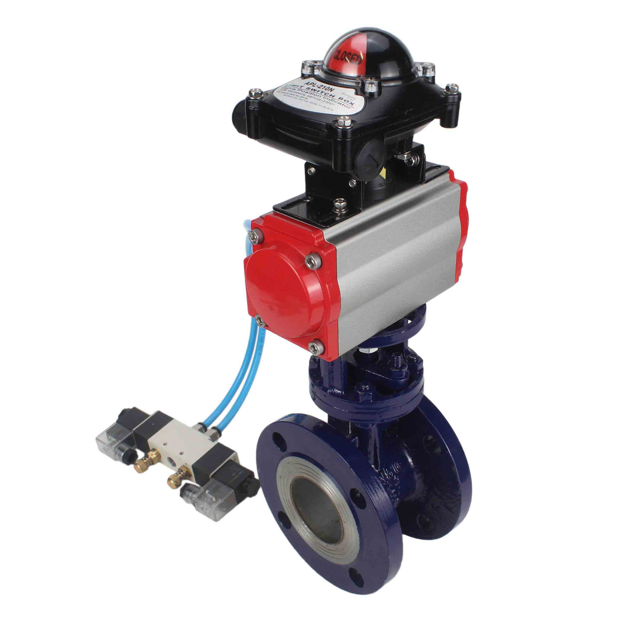 Vanne papillon d'eau Elephant WBV3EX-3432M-1W-F-ISO, matériau du corps - Acier au carbone, matériau du disque - Acier inoxydable AISI 316, joint - Métal, actionneur pneumatique PA-SA avec ressorts de rappel, 4V320-08 220V, BKV APL-210N