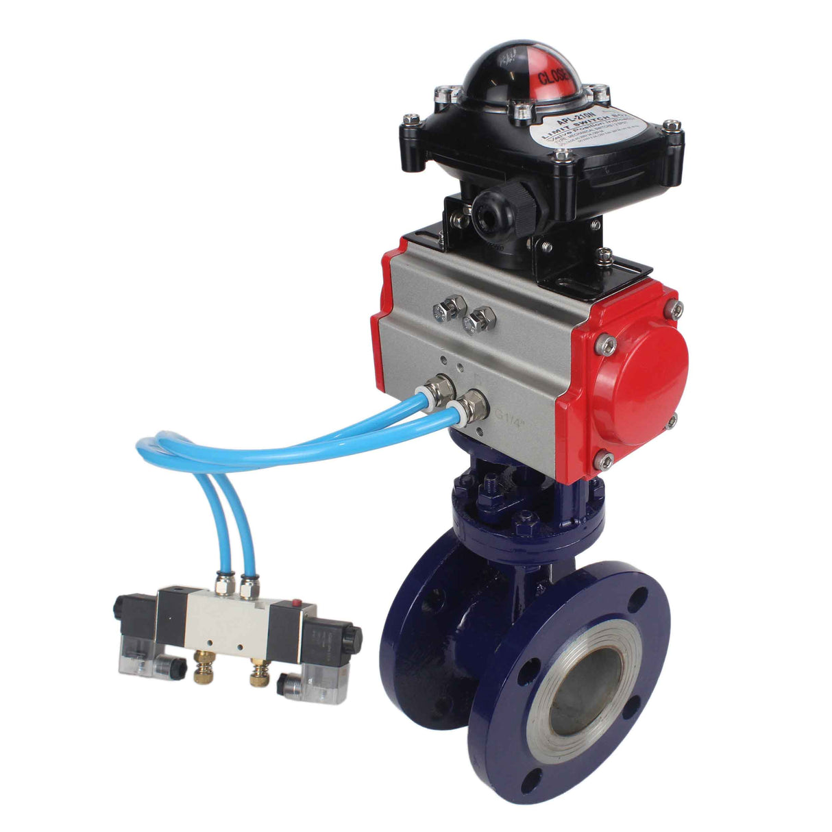 Vanne papillon d'eau Elephant WBV3EX-3432M-1W-F-ISO, matériau du corps - Acier au carbone, matériau du disque - Acier inoxydable AISI 316, joint - Métal, actionneur pneumatique PA-SA avec ressorts de rappel, 4V320-08 220V, BKV APL-210N