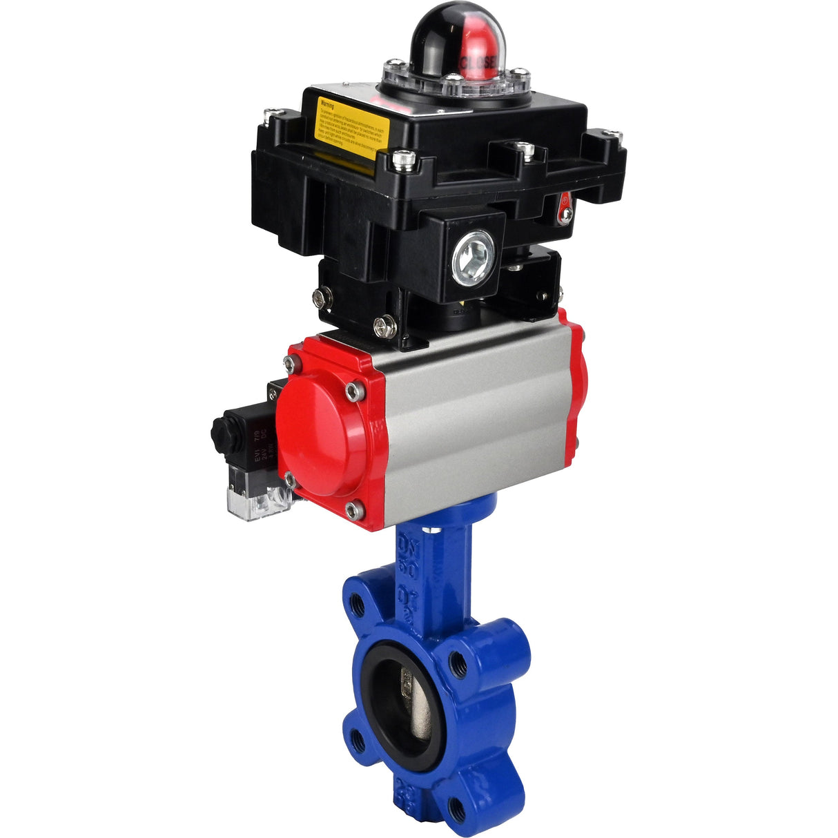 Vanne papillon d'eau Elephant WBV1616N-2W-Fb-H, matériau du corps - fonte QT450, matériau du disque - fonte QT450, joint - NBR, actionneur pneumatique PA-SA avec ressorts de rappel, 4M310-08 220V, BKV APL-410N EX