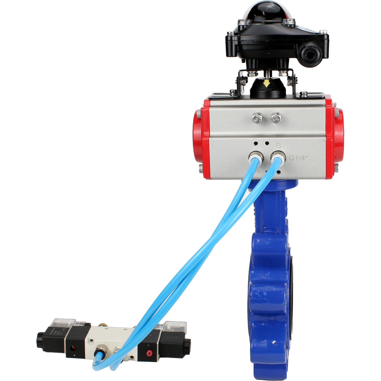 Vanne papillon d'eau Elephant WBV1616N-2W-Fb-H, matériau du corps - fonte QT450, matériau du disque - fonte QT450, joint - NBR, actionneur pneumatique PA-SA avec ressorts de rappel, 4V320-08 220V, BKV APL-210N