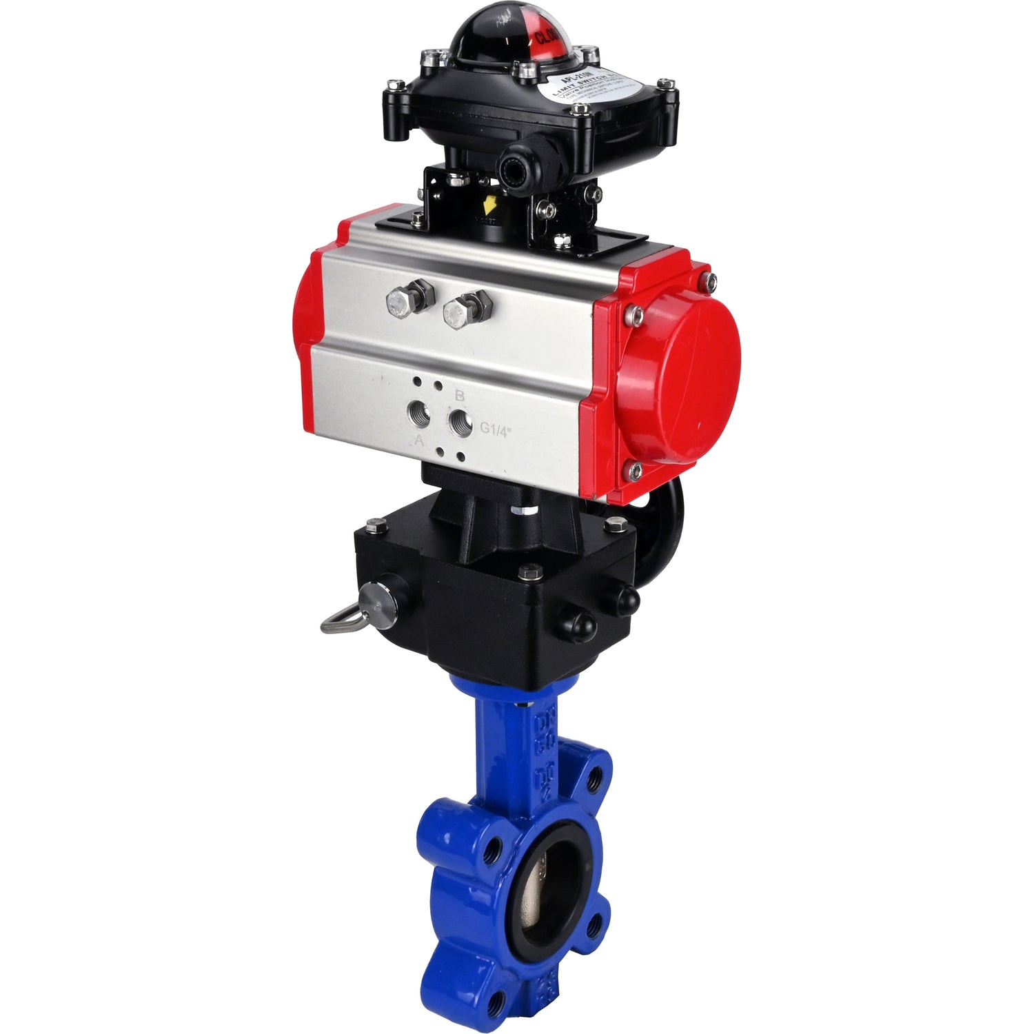 Vanne papillon d'eau Elephant WBV1616N-2W-Fb-H, matériau du corps - fonte QT450, matériau du disque - fonte QT450, joint - NBR, avec actionneur pneumatique double effet PA-DA, volant MON, BKV APL-210N