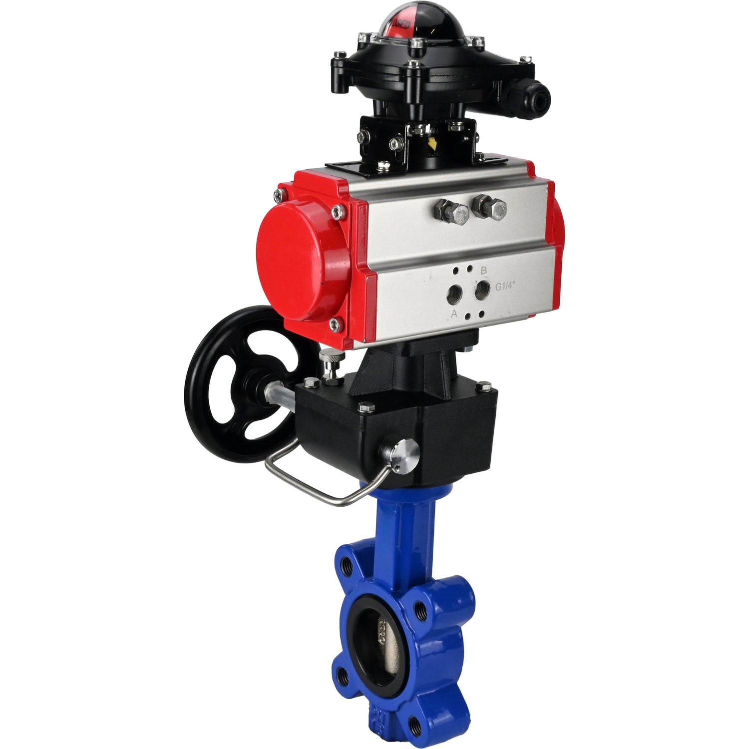 Vanne papillon d'eau Elephant WBV1616N-2W-Fb-H, matériau du corps - fonte QT450, matériau du disque - fonte QT450, joint - NBR, avec actionneur pneumatique double effet PA-DA, volant MON, BKV APL-210N