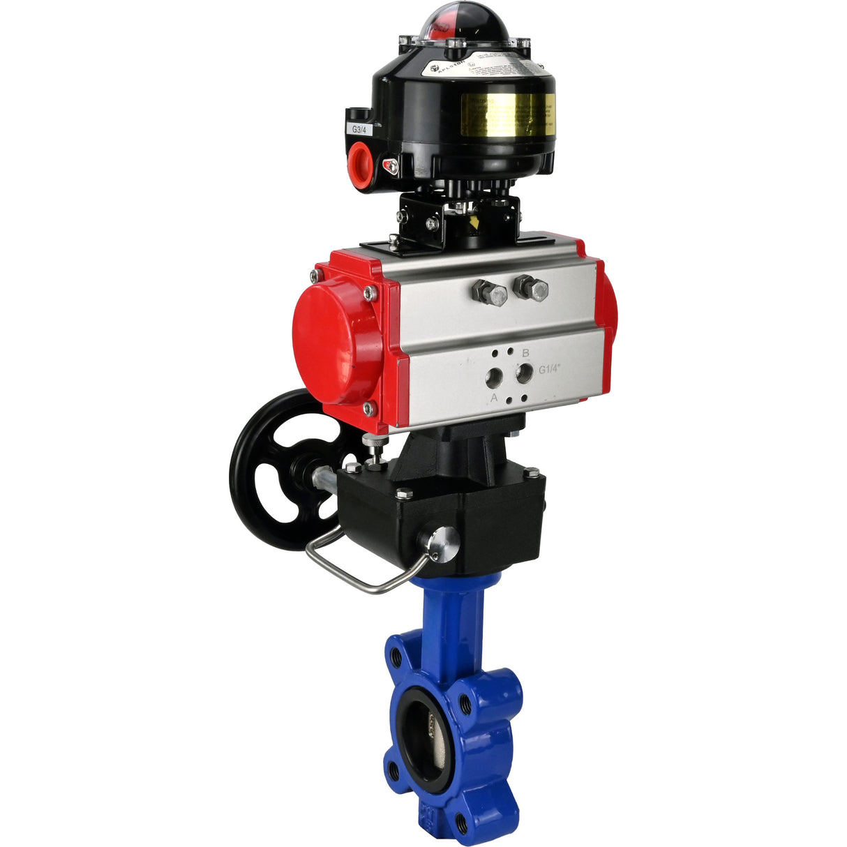 Vanne papillon d'eau Elephant WBV1616N-2W-Fb-H, matériau du corps - fonte QT450, matériau du disque - fonte QT450, joint - NBR, avec actionneur pneumatique double effet PA-DA, volant MON, BKV APL-510N EX