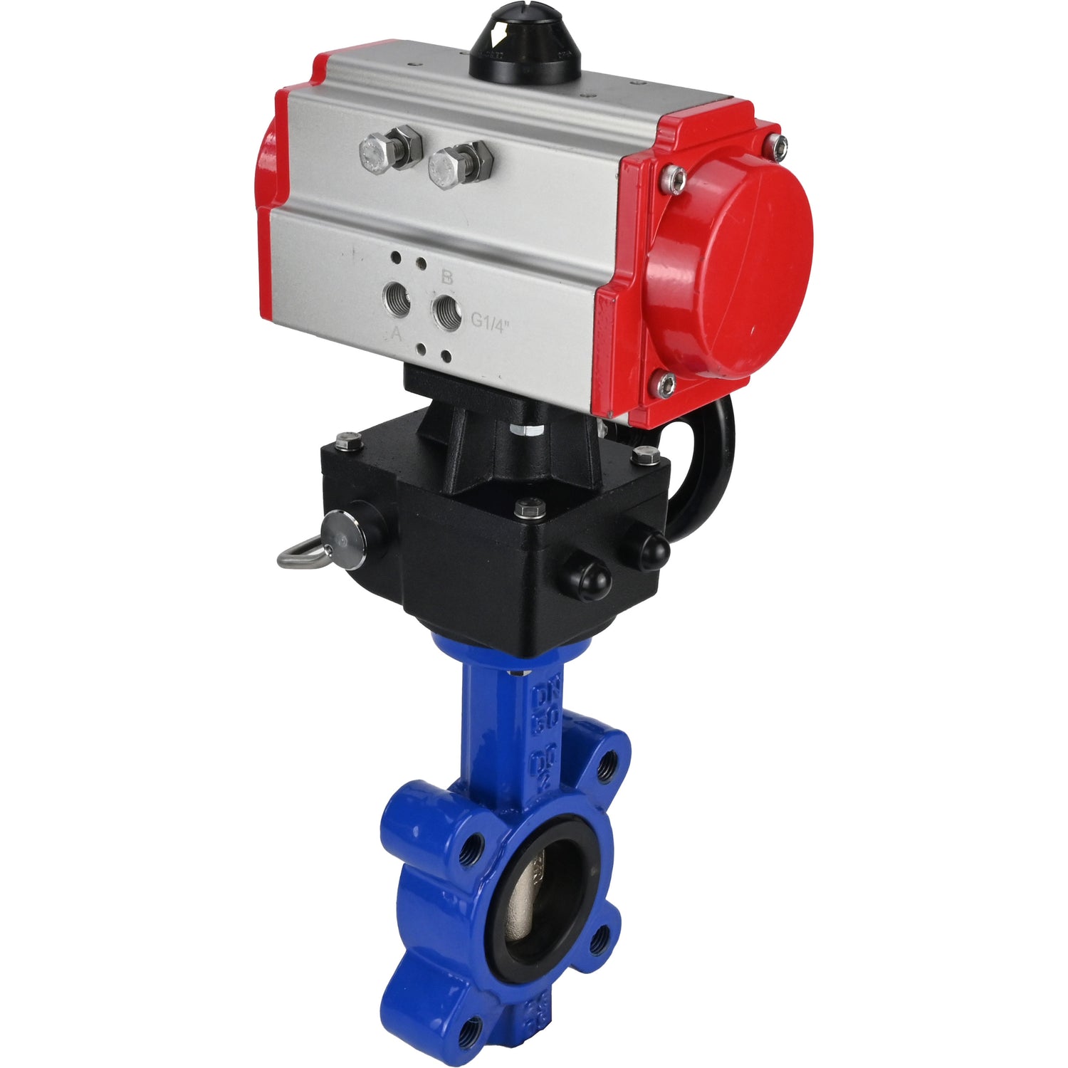 Vanne papillon d'eau Elephant WBV1616N-2W-Fb-H, matériau du corps - fonte QT450, matériau du disque - fonte QT450, joint - NBR, avec actionneur pneumatique double effet PA-DA, volant MON