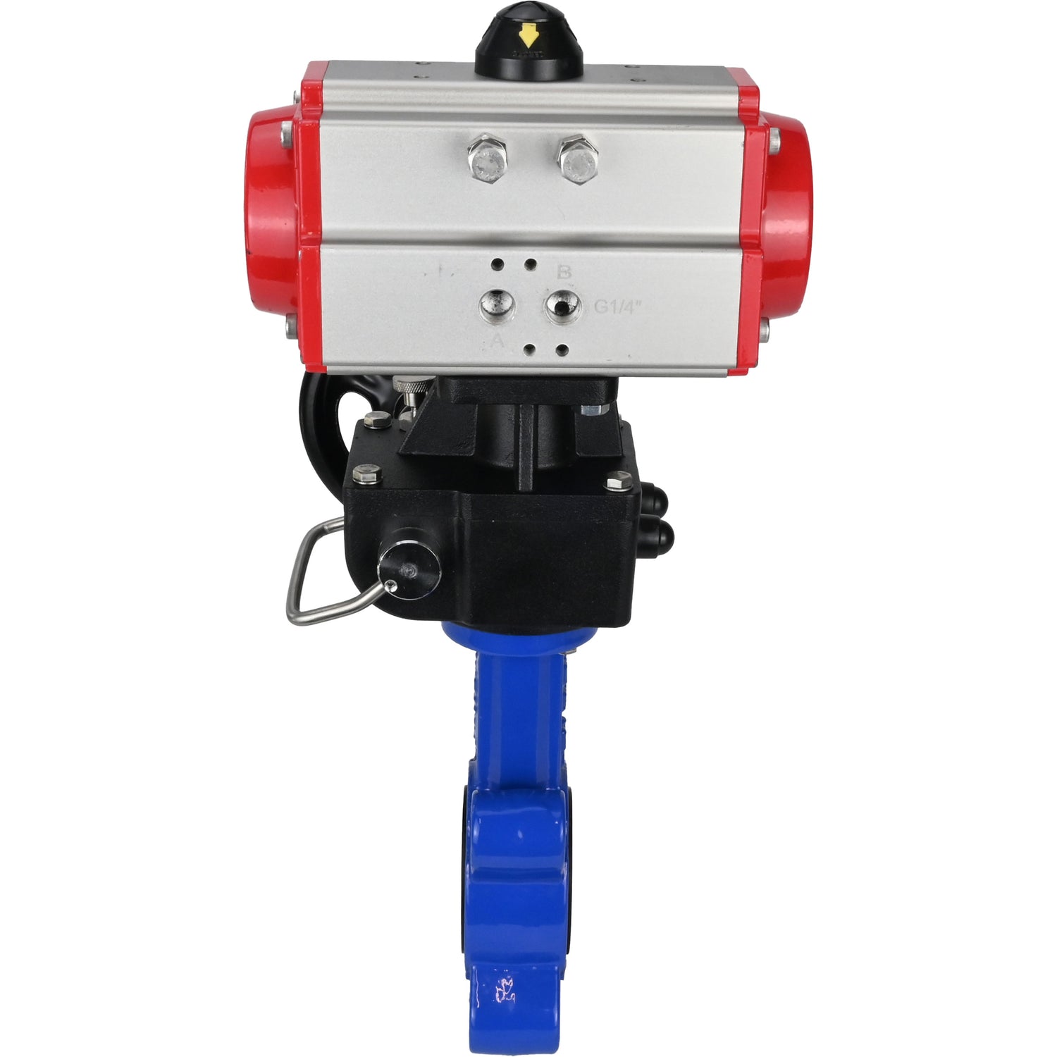 Vanne papillon d'eau Elephant WBV1616N-2W-Fb-H, matériau du corps - fonte QT450, matériau du disque - fonte QT450, joint - NBR, avec actionneur pneumatique double effet PA-DA, volant MON