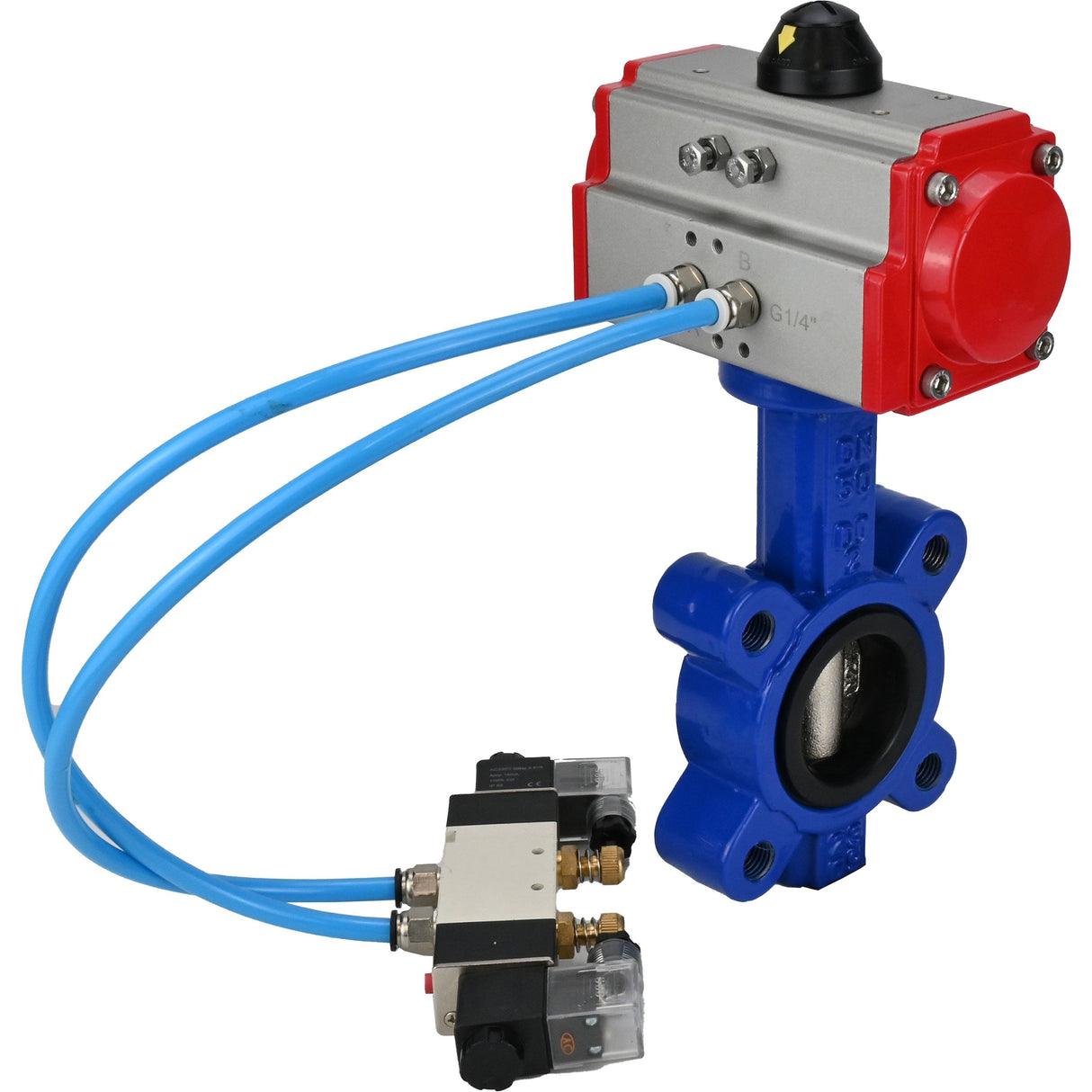 Vanne papillon d'eau Elephant WBV1616N-2W-Fb-H, matériau du corps - fonte QT450, matériau du disque - fonte QT450, joint - NBR, actionneur pneumatique PA-SA avec ressorts de rappel, 4V320-10 220V