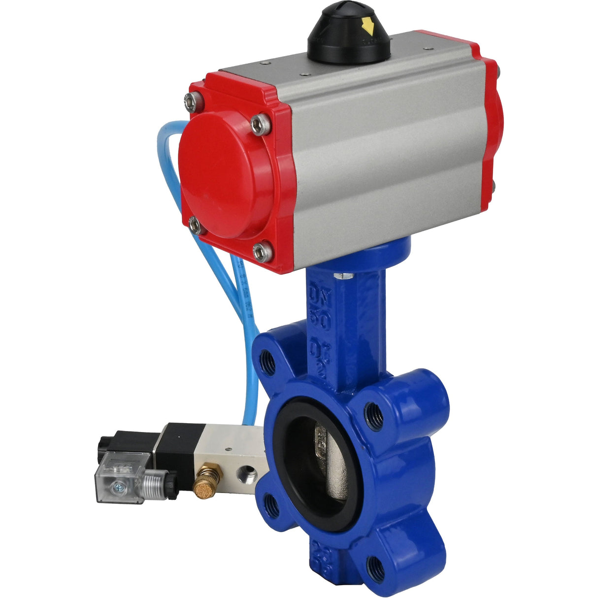 Vanne papillon d'eau Elephant WBV1616N-2W-Fb-H, matériau du corps - fonte QT450, matériau du disque - fonte QT450, joint - NBR, actionneur pneumatique PA-SA avec ressorts de rappel, 4V320-08 220V