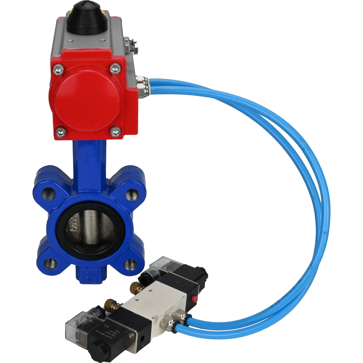 Vanne papillon d'eau Elephant WBV1616E-2W-Fb-H, matériau du corps - fonte QT450, matériau du disque - fonte QT450, joint - EPDM, avec actionneur pneumatique double action PA-DA, 4V320-08 220V