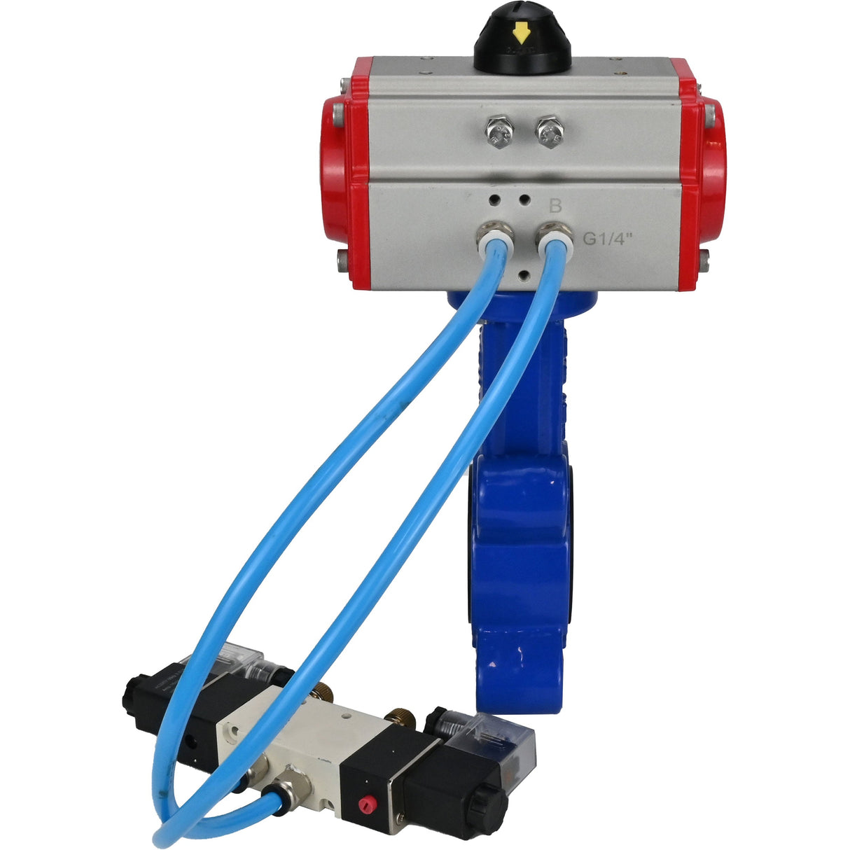 Vanne papillon d'eau Elephant WBV1616E-2W-Fb-H, matériau du corps - fonte QT450, matériau du disque - fonte QT450, joint - EPDM, actionneur pneumatique PA-SA avec ressorts de rappel, 4V320-08 220V