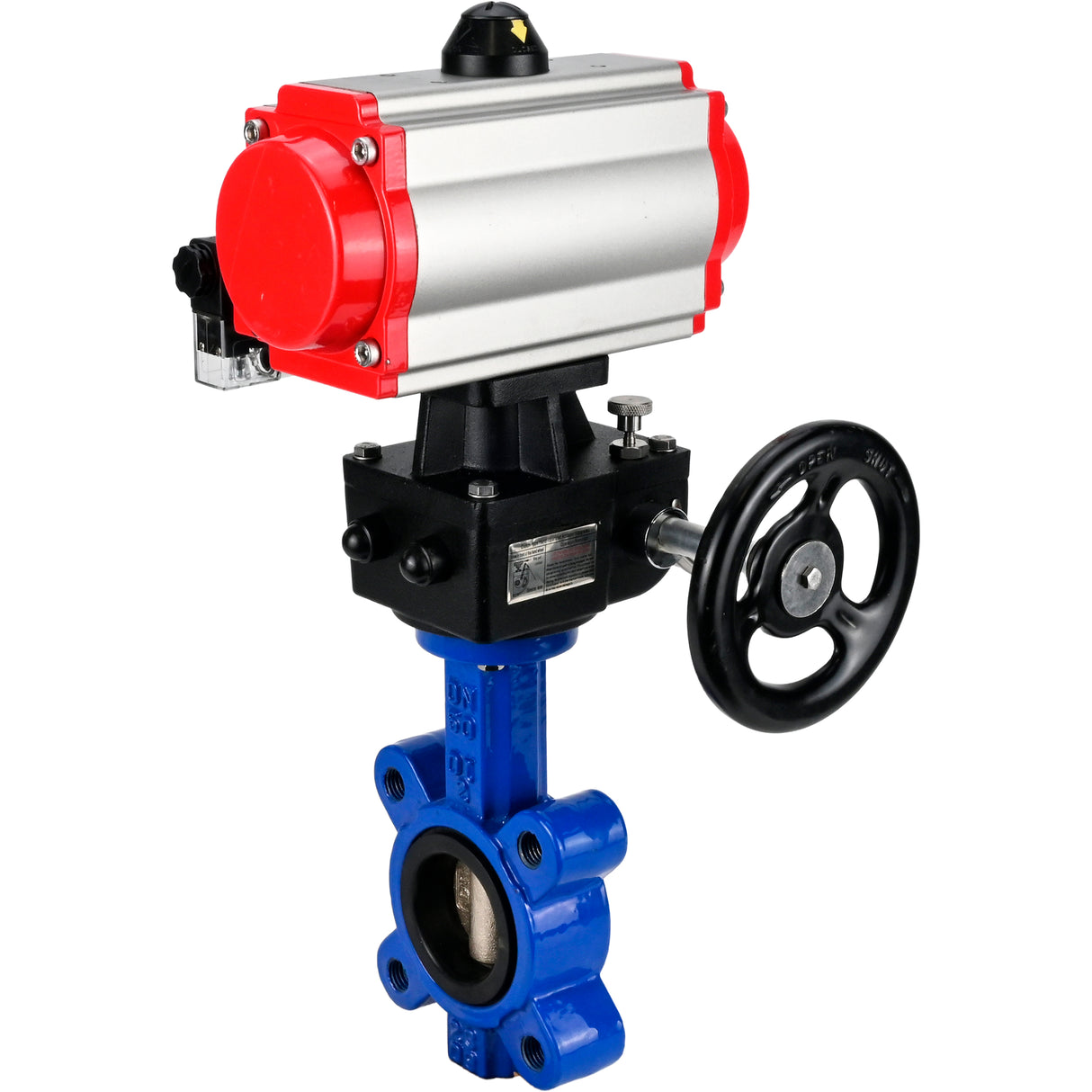 Vanne papillon d'eau Elephant WBV1616N-2W-Fb-H, matériau du corps - fonte QT450, matériau du disque - fonte QT450, joint - NBR, avec actionneur pneumatique double effet PA-DA, 4M310-08 24V, volant MON