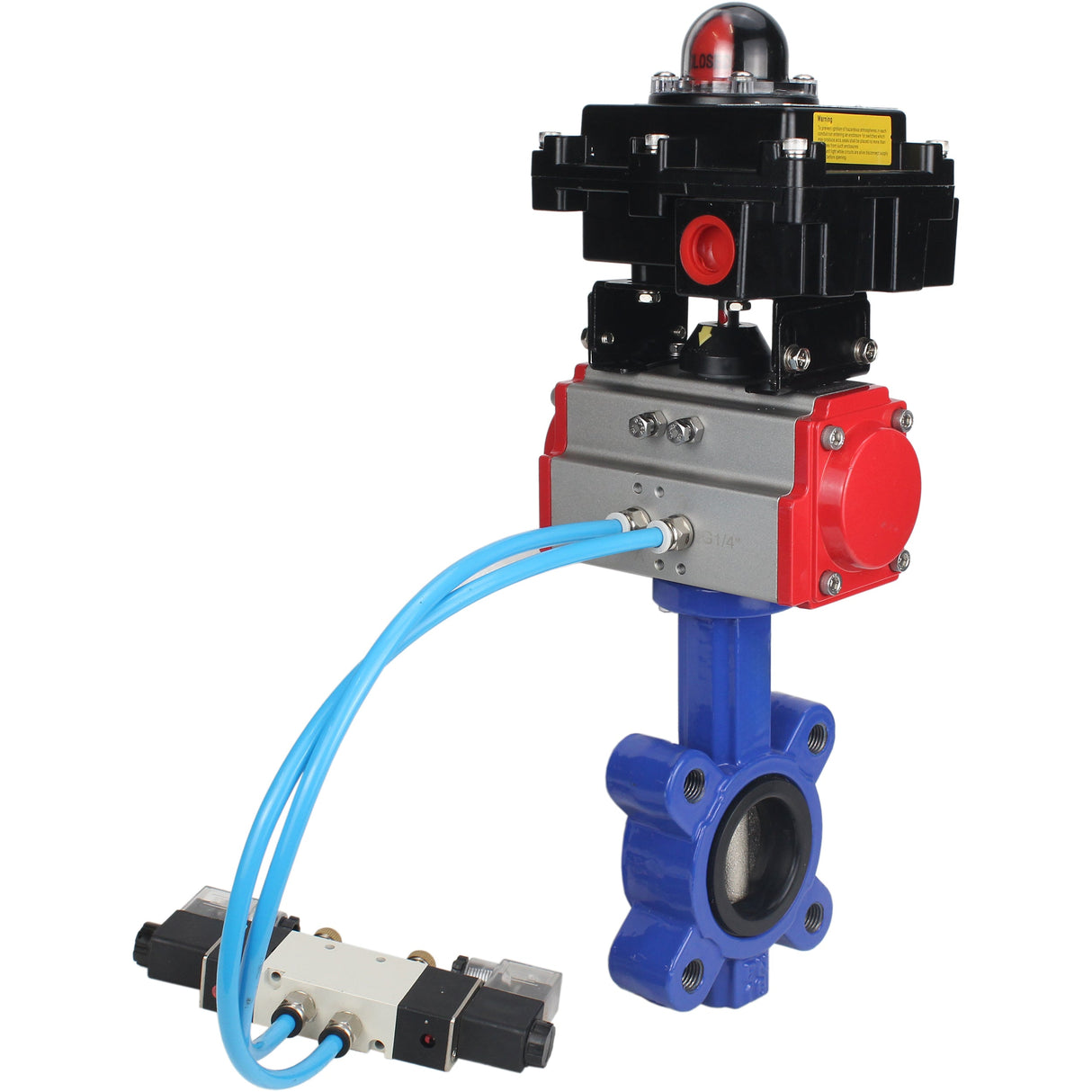 Vanne papillon d'eau Elephant WBV1616E-2W-Fb-H, matériau du corps - fonte QT450, matériau du disque - fonte QT450, joint - EPDM, actionneur pneumatique PA-SA avec ressorts de rappel, 4V320-10 220V, BKV APL-410N EX