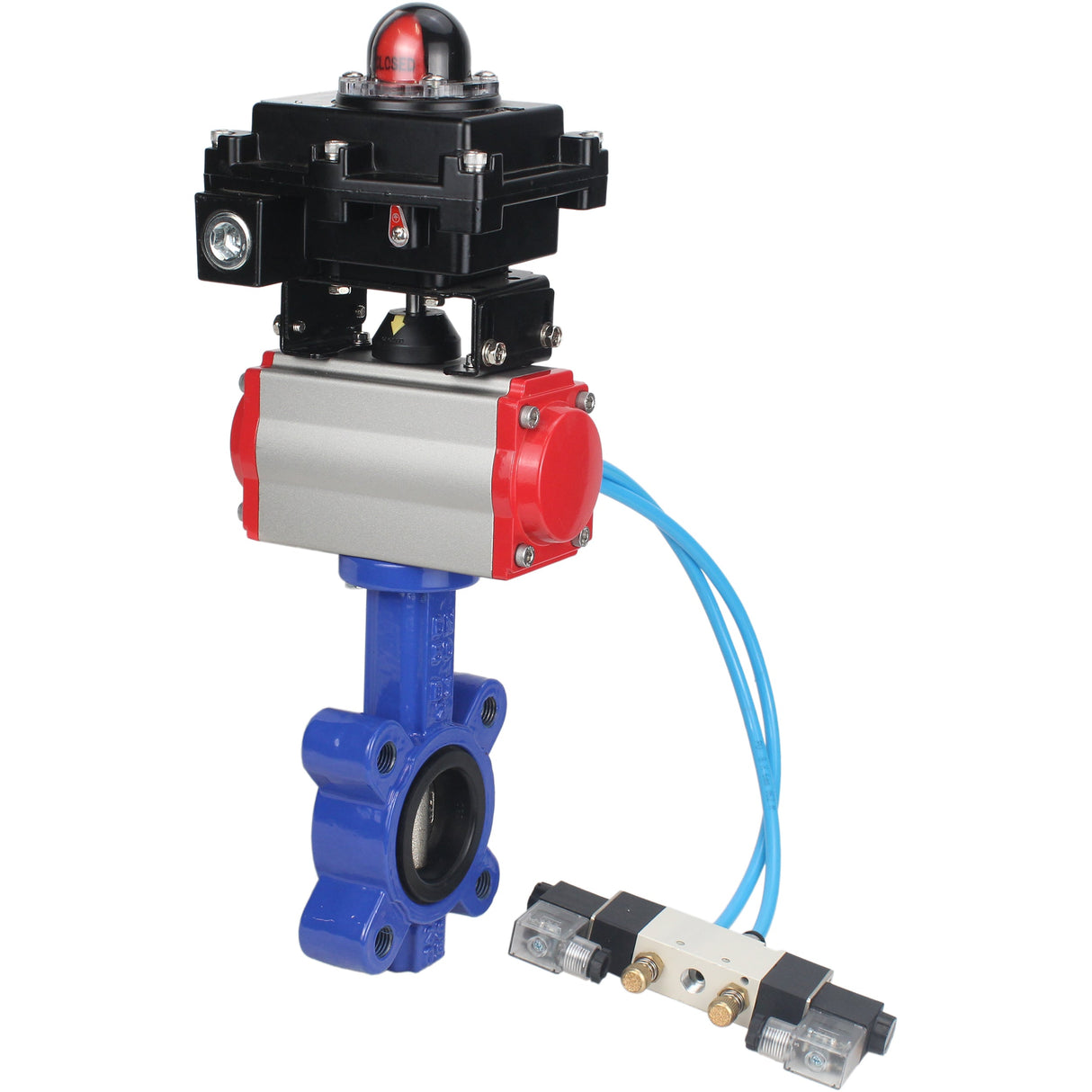 Vanne papillon d'eau Elephant WBV1616N-2W-Fb-H, matériau du corps - fonte QT450, matériau du disque - fonte QT450, joint - NBR, actionneur pneumatique PA-SA avec ressorts de rappel, 4V320-10 220V, BKV APL-410N EX