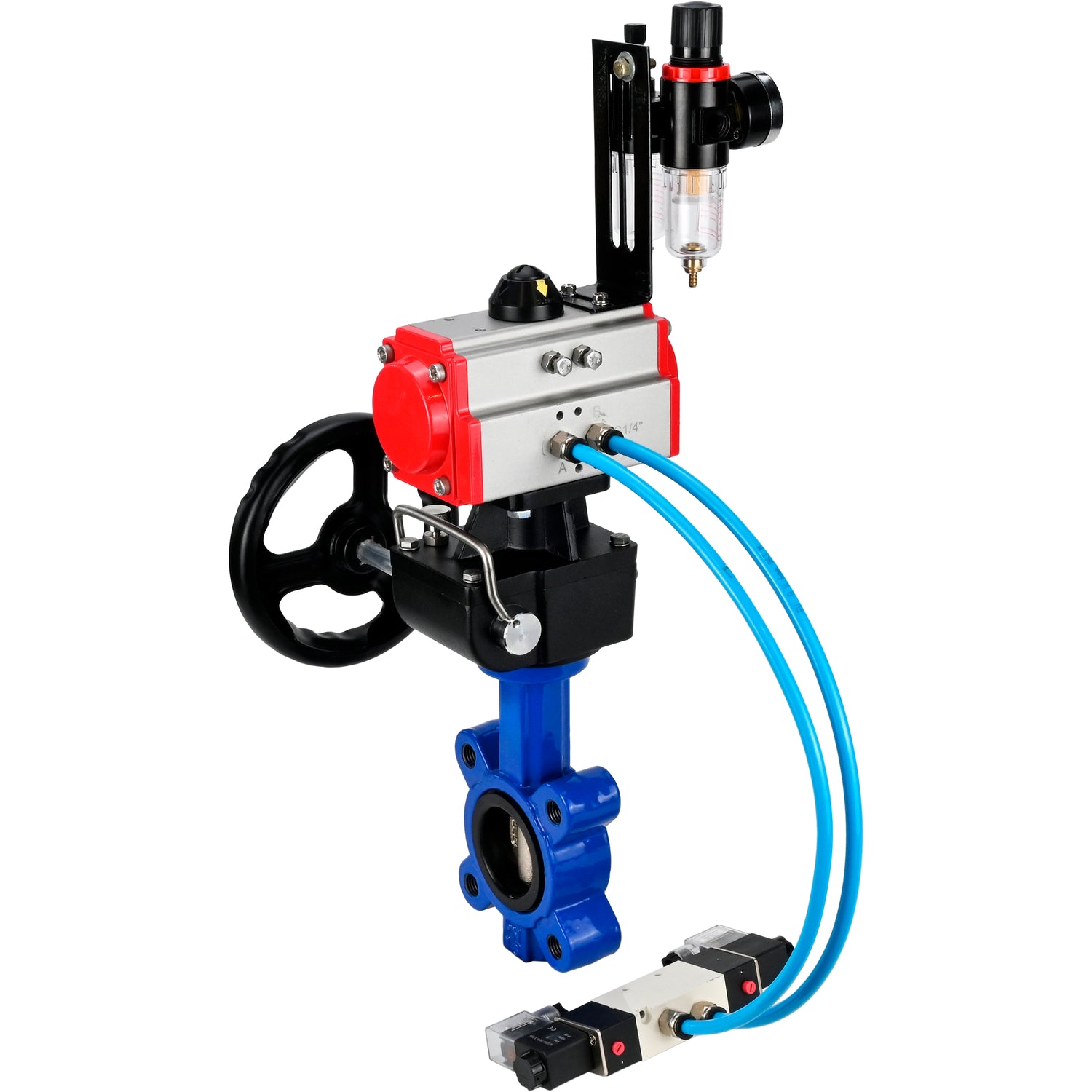 Vanne papillon d'eau Elephant WBV1616N-2W-Fb-H, matériau du corps - fonte QT450, matériau du disque - fonte QT450, joint - NBR, avec actionneur pneumatique double effet PA-DA, 4V320-08 220V, volant MON, BPV AFC2000