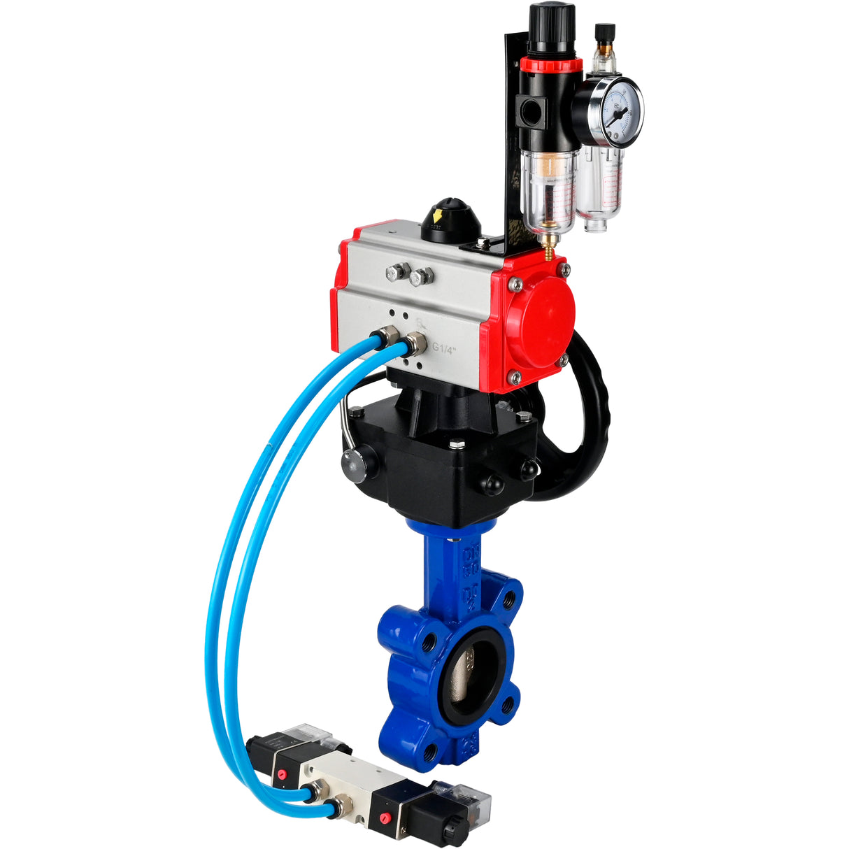 Vanne papillon d'eau Elephant WBV1616N-2W-Fb-H, matériau du corps - fonte QT450, matériau du disque - fonte QT450, joint - NBR, avec actionneur pneumatique double effet PA-DA, 4V320-08 220V, volant MON, BPV AFC2000