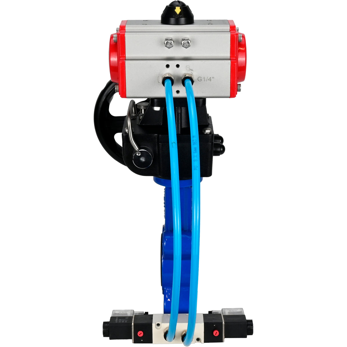 Vanne papillon d'eau Elephant WBV1616N-2W-Fb-H, matériau du corps - fonte QT450, matériau du disque - fonte QT450, joint - NBR, avec actionneur pneumatique double effet PA-DA, 4V320-08 220V, volant MON