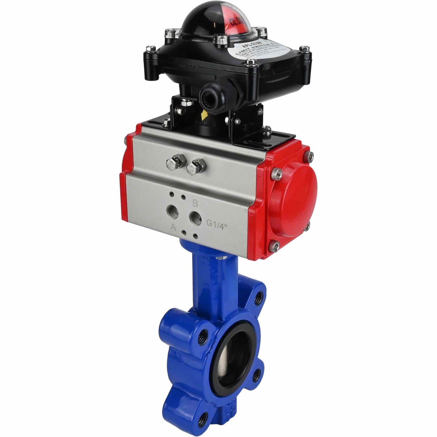 Vanne papillon d'eau Elephant WBV1616N-2W-Fb-H, matériau du corps - fonte QT450, matériau du disque - fonte QT450, joint - NBR, avec actionneur pneumatique double action PA-DA, BKV APL-210N