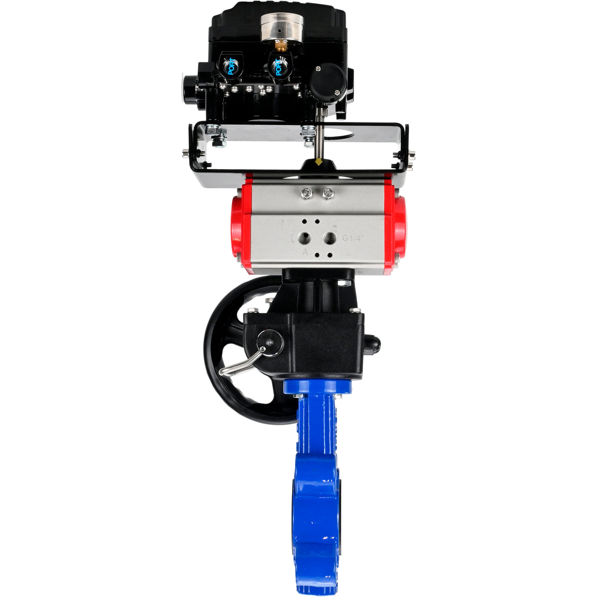 Vanne papillon d'eau Elephant WBV1616N-2W-Fb-H, matériau du corps - fonte QT450, matériau du disque - fonte QT450, joint - NBR, avec actionneur pneumatique double effet PA-DA, volant MON, positionneur rotatif électropneumatique YT-1000RSN sans rétroaction