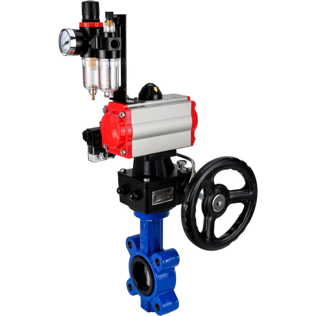 Vanne papillon d'eau Elephant WBV1631N-2W-Fb-H, matériau du corps - fonte QT450, matériau du disque - acier inoxydable AISI 304, joint - NBR, actionneur pneumatique PA-DA double action, volant manuel 4M310-08 24V MON, BPV AFC2000