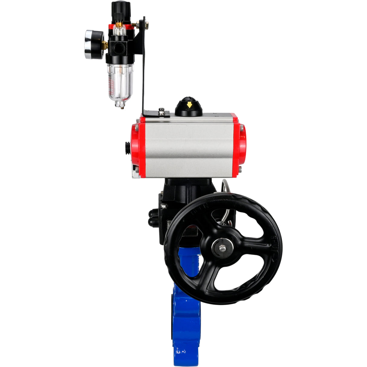 Vanne papillon d'eau Elephant WBV1631N-2W-Fb-H, matériau du corps - fonte QT450, matériau du disque - acier inoxydable AISI 304, joint - NBR, actionneur pneumatique PA-DA double action, volant manuel 4M310-08 24V MON, BPV AFC2000