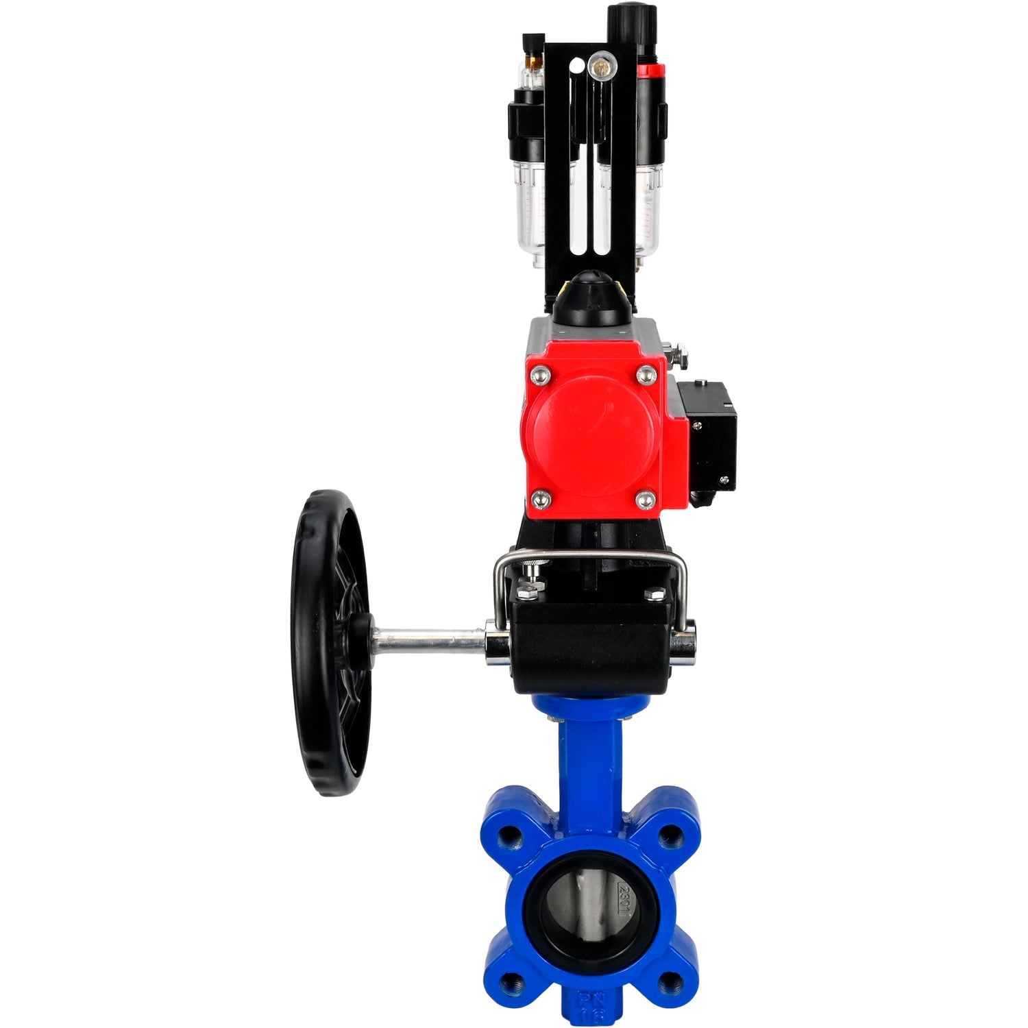 Vanne papillon d'eau Elephant WBV1631N-2W-Fb-H, matériau du corps - fonte QT450, matériau du disque - acier inoxydable AISI 304, joint - NBR, actionneur pneumatique PA-DA double action, volant manuel 4M310-08 24V MON, BPV AFC2000